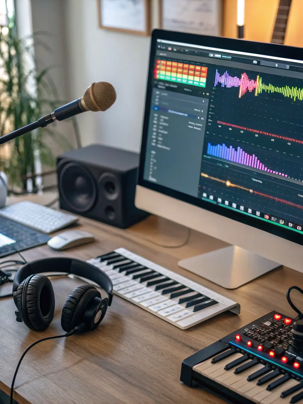 A mixing engineer working on a digital audio workstation (DAW), adjusting levels and effects to create a balanced and polished mix for Music from Galicia.
