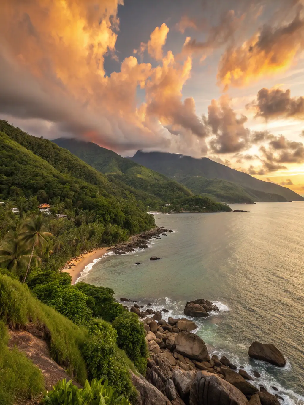 A panoramic view of the Galician coastline at sunset, with gentle waves and a serene atmosphere, reflecting the inspiration behind the music.