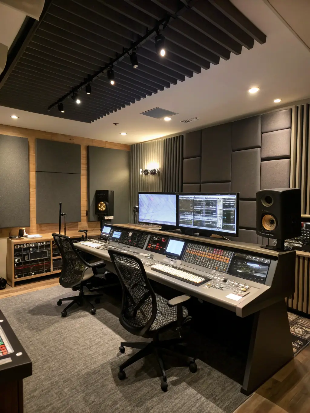 A professional recording studio setup with a mixing console, microphones, and acoustic treatment, showcasing the recording service offered by Music from Galicia.