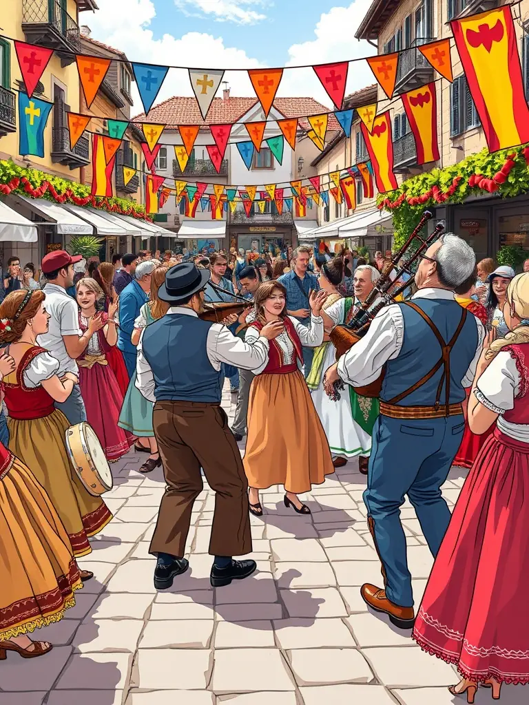 A group of musicians performing traditional Galician music in a modern concert setting, blending heritage with innovation.